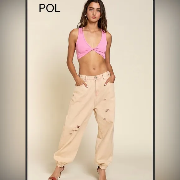 BPB12⭐️POL olayful tan distressed joggers w/elastic waist perfect 4 weekend fun!