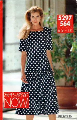 Butterick See & Sew 5297 Womens Square Neck Drop Waisted Dress 1990s Vintage Sewing Pattern Size 6 - 14 UNCUT Factory Folded