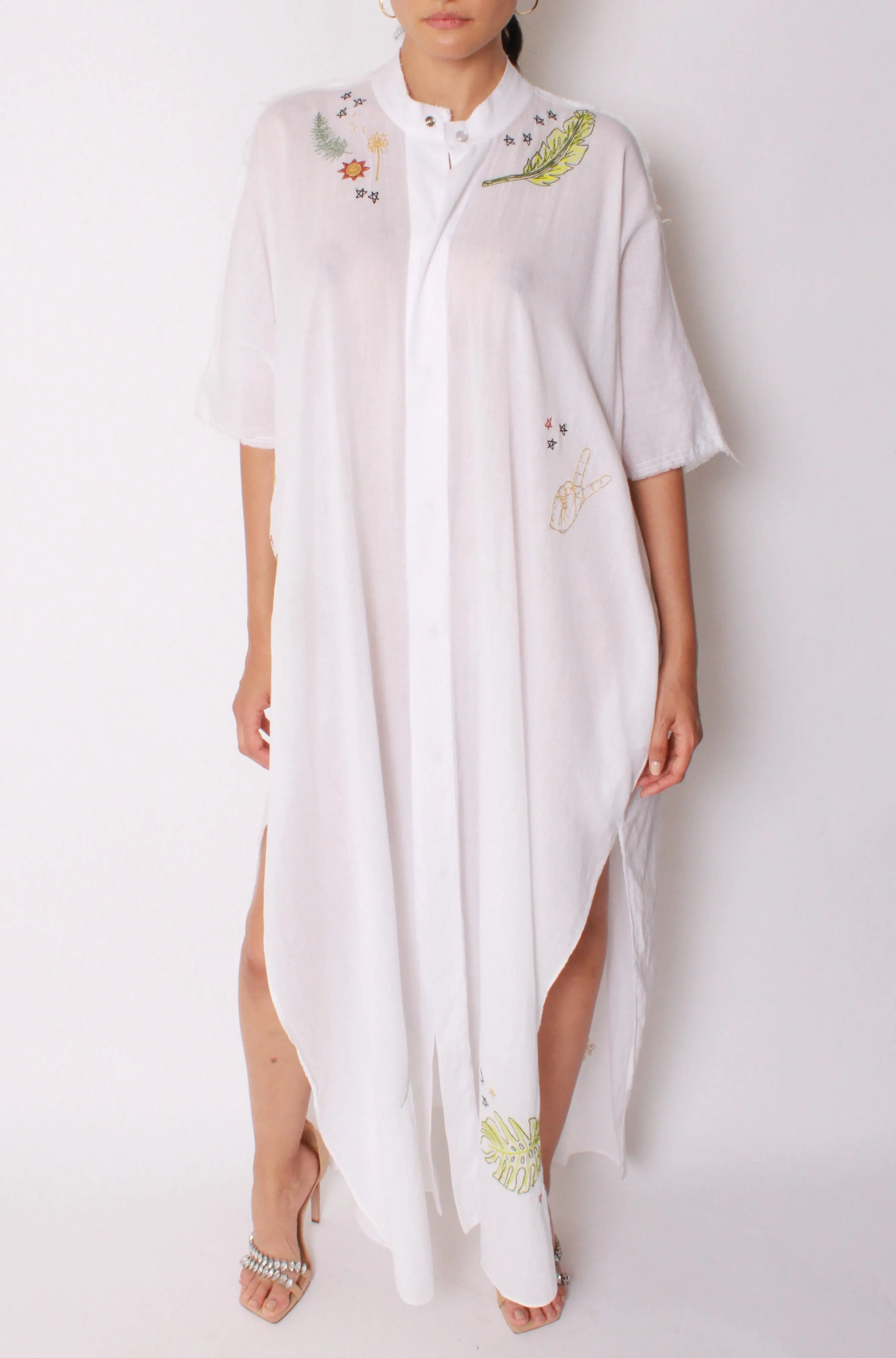 Cali Embroidered Kaftan Maxi in White Cotton