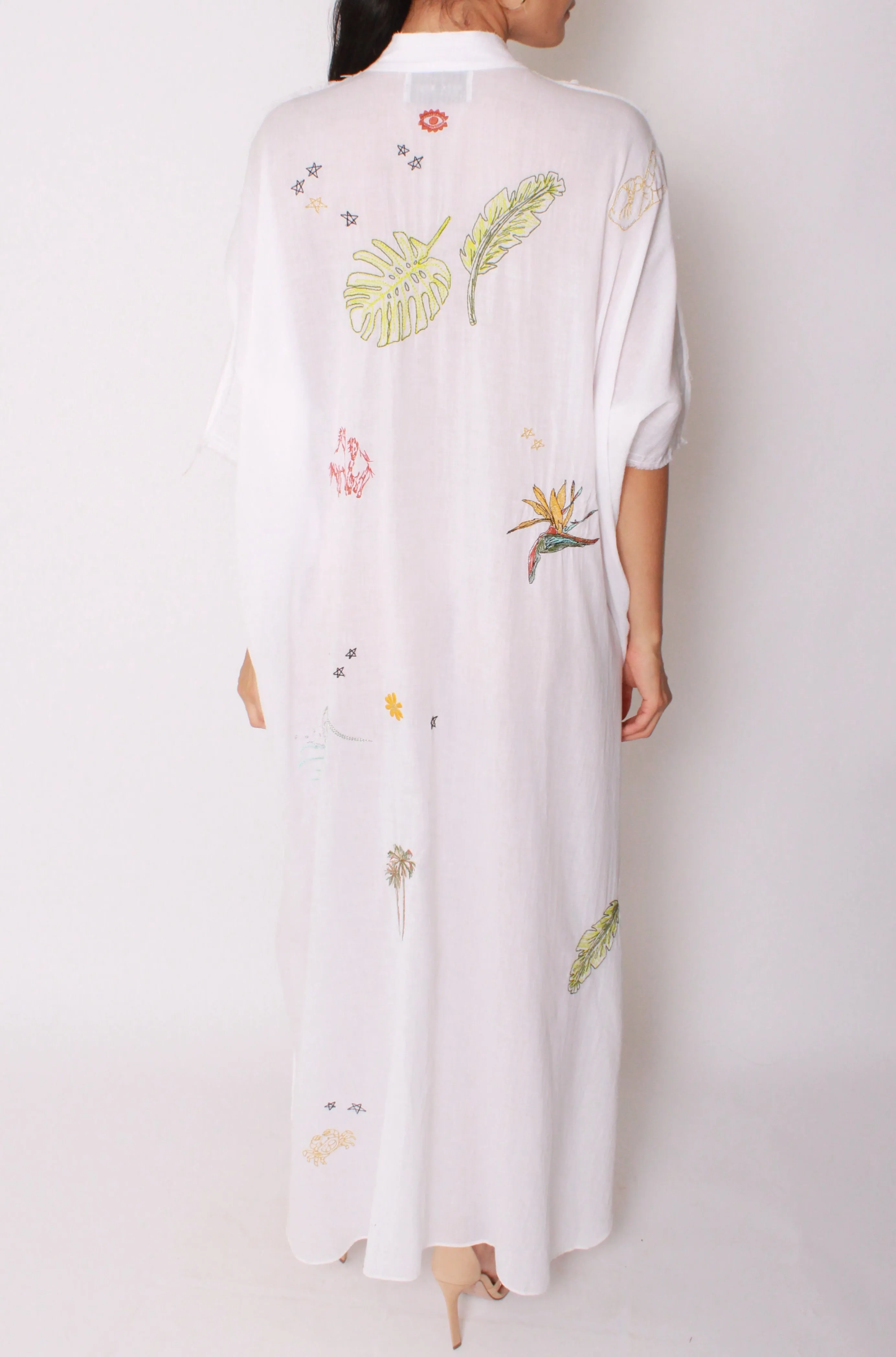 Cali Embroidered Kaftan Maxi in White Cotton