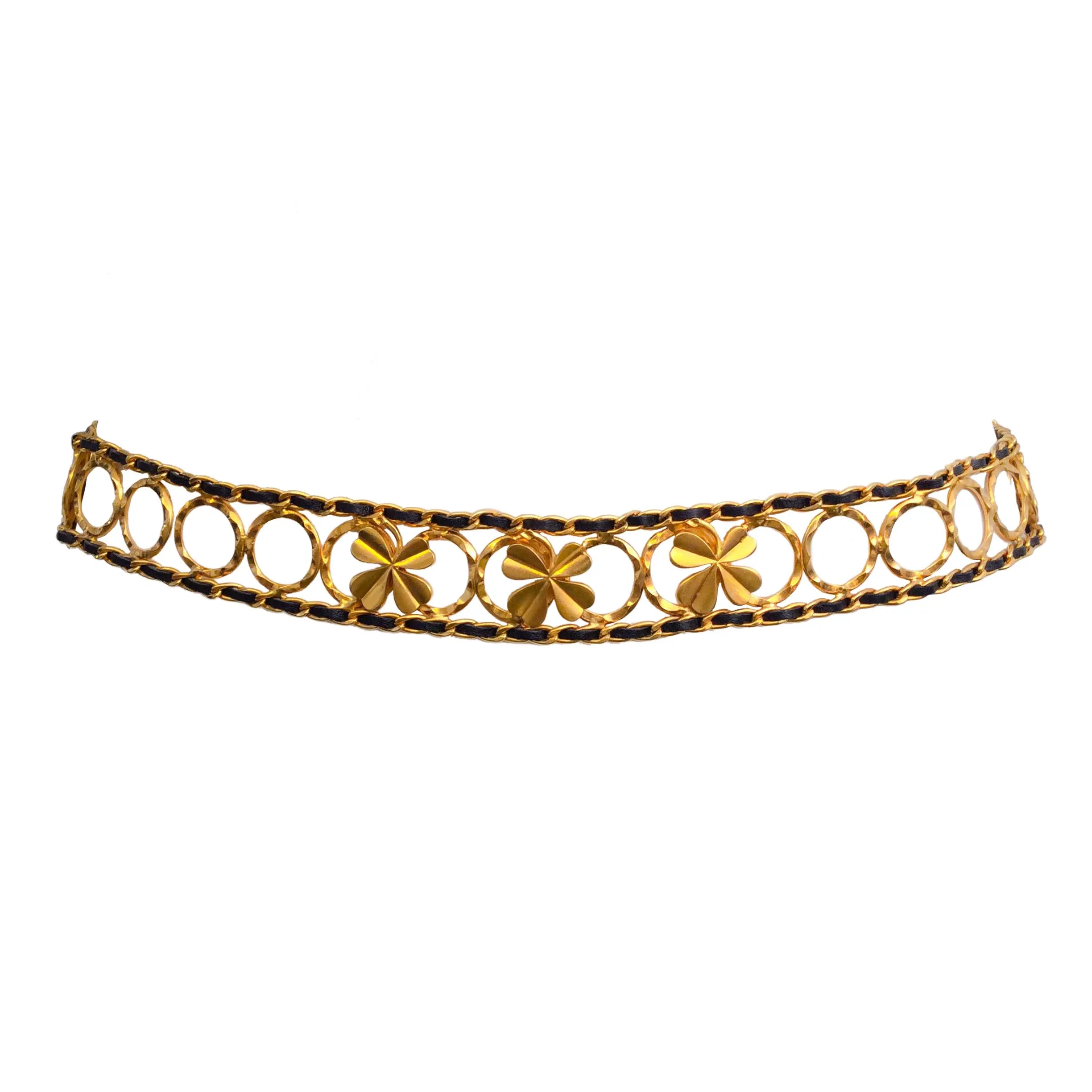 Chanel Gold Vintage Black Leather Clover Belt