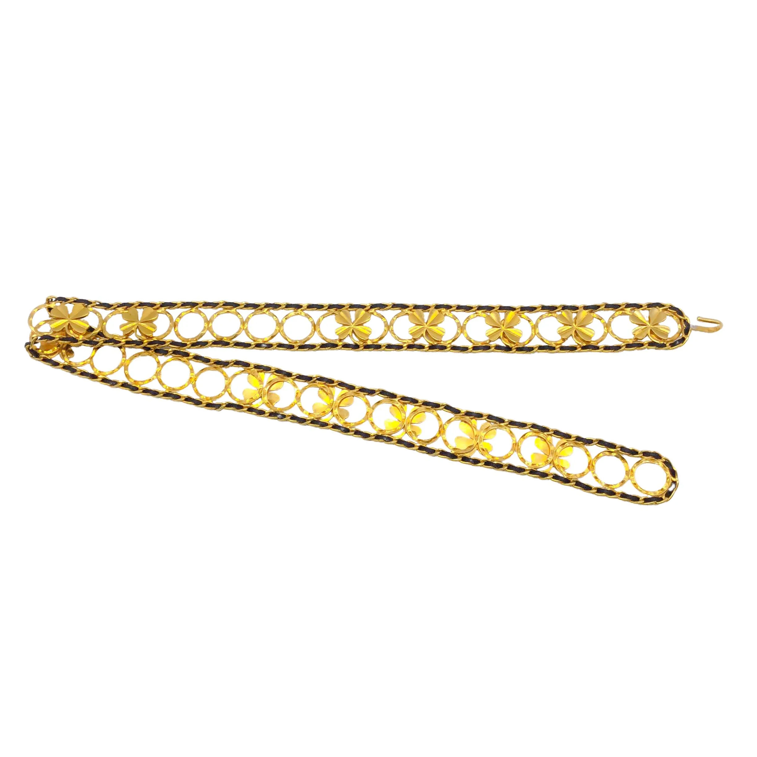 Chanel Gold Vintage Black Leather Clover Belt
