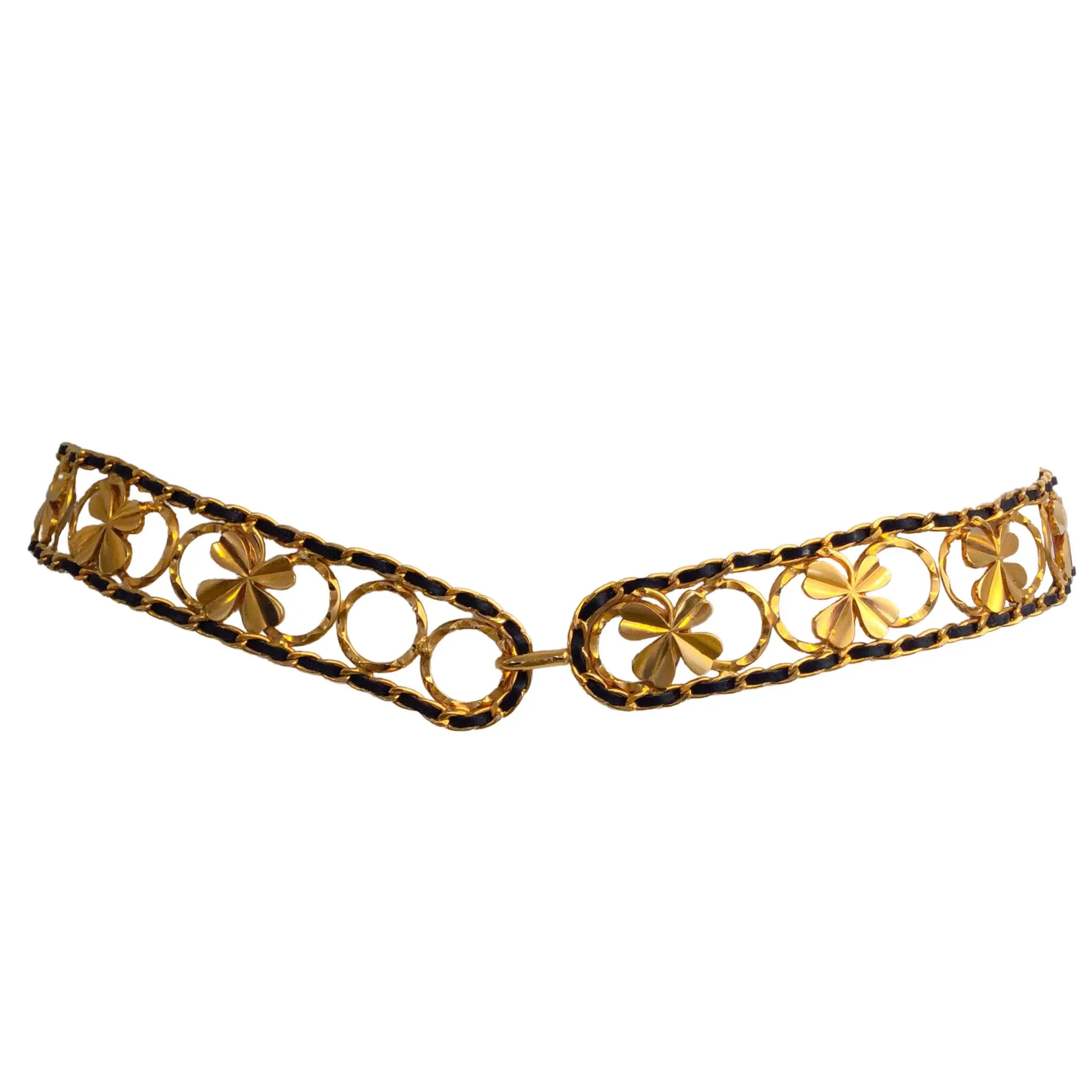 Chanel Gold Vintage Black Leather Clover Belt