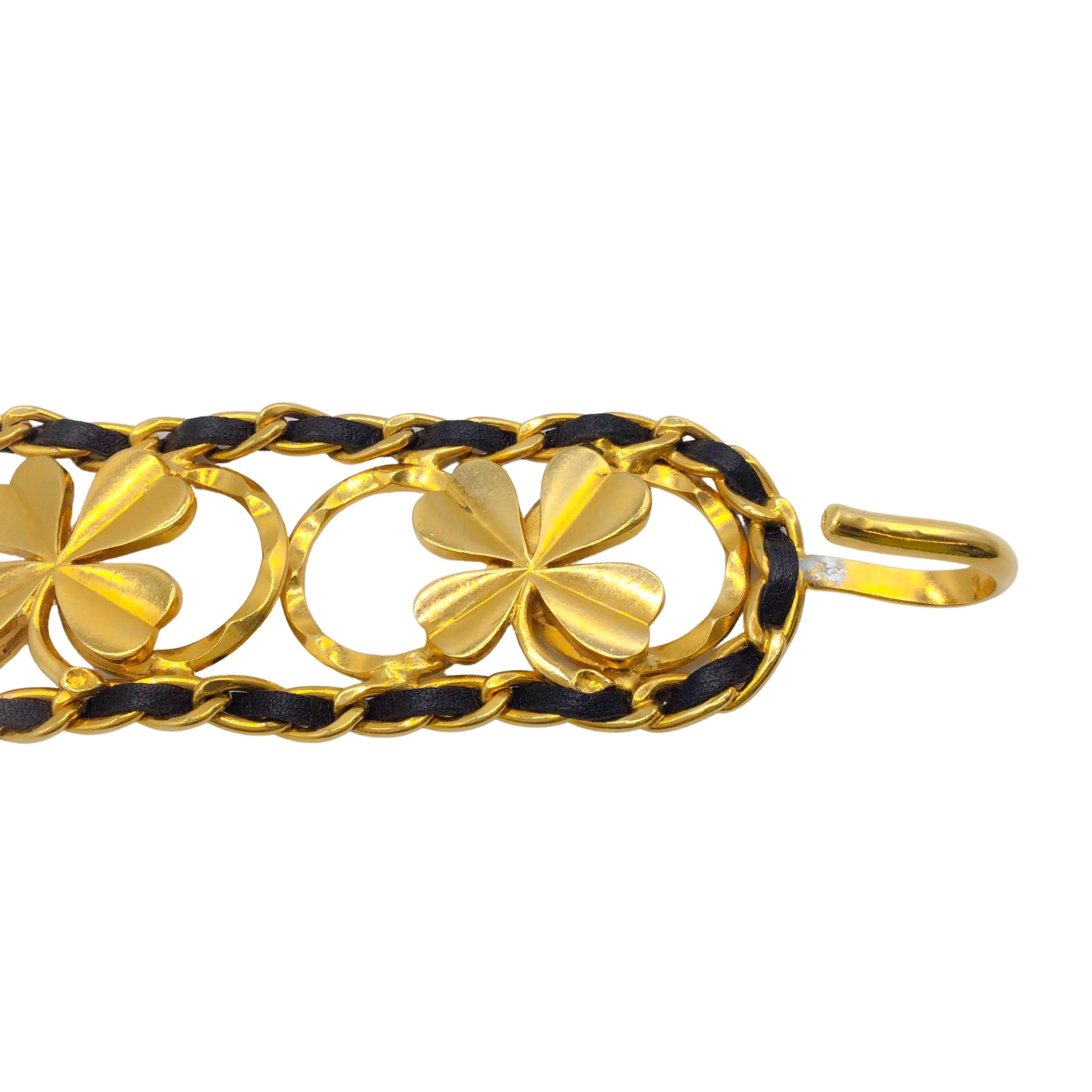 Chanel Gold Vintage Black Leather Clover Belt