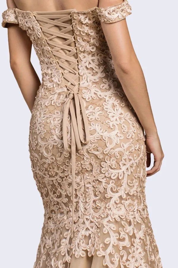 Cinderella Divine A0401 Off-Shoulder Mermaid Dress Lace Overlay Tulle Skirt