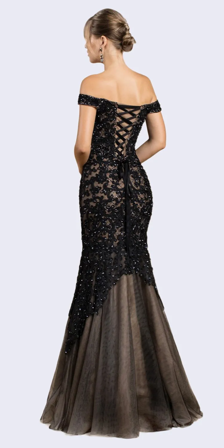 Cinderella Divine A0401 Off-Shoulder Mermaid Dress Lace Overlay Tulle Skirt