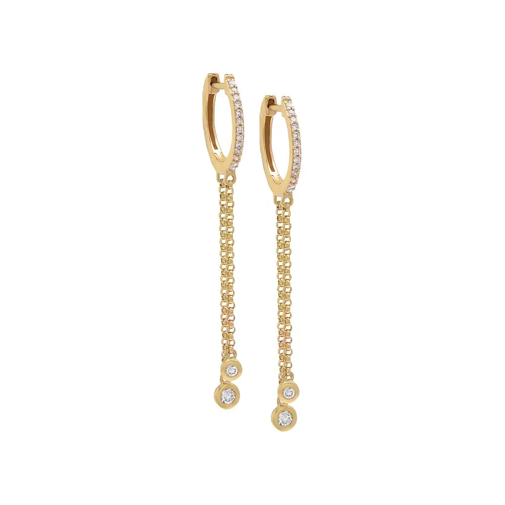 Diamond Dangling Double Bezel Chain Huggie Earring 14K