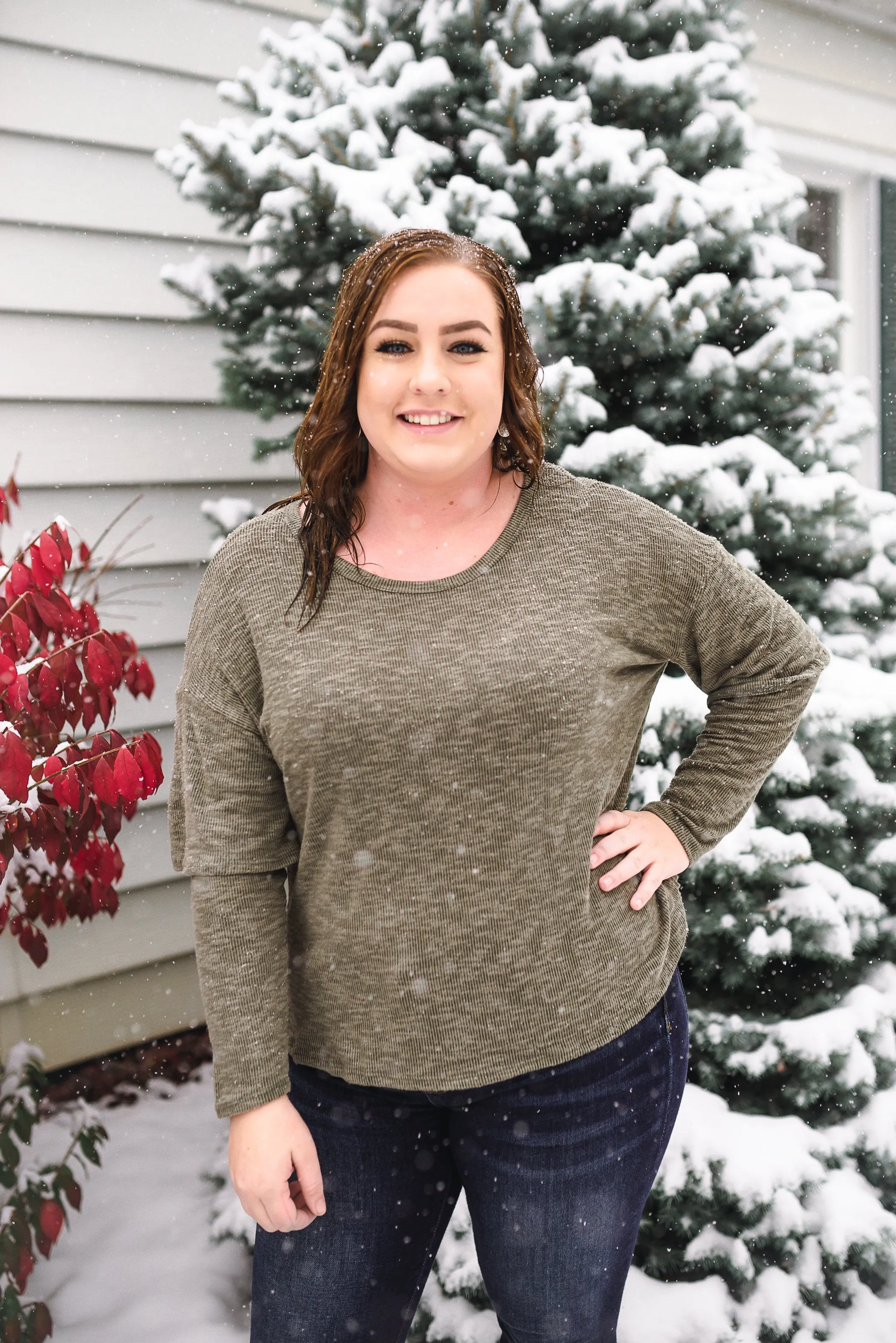 Double Vision Long Sleeve Top In Frosted Pine