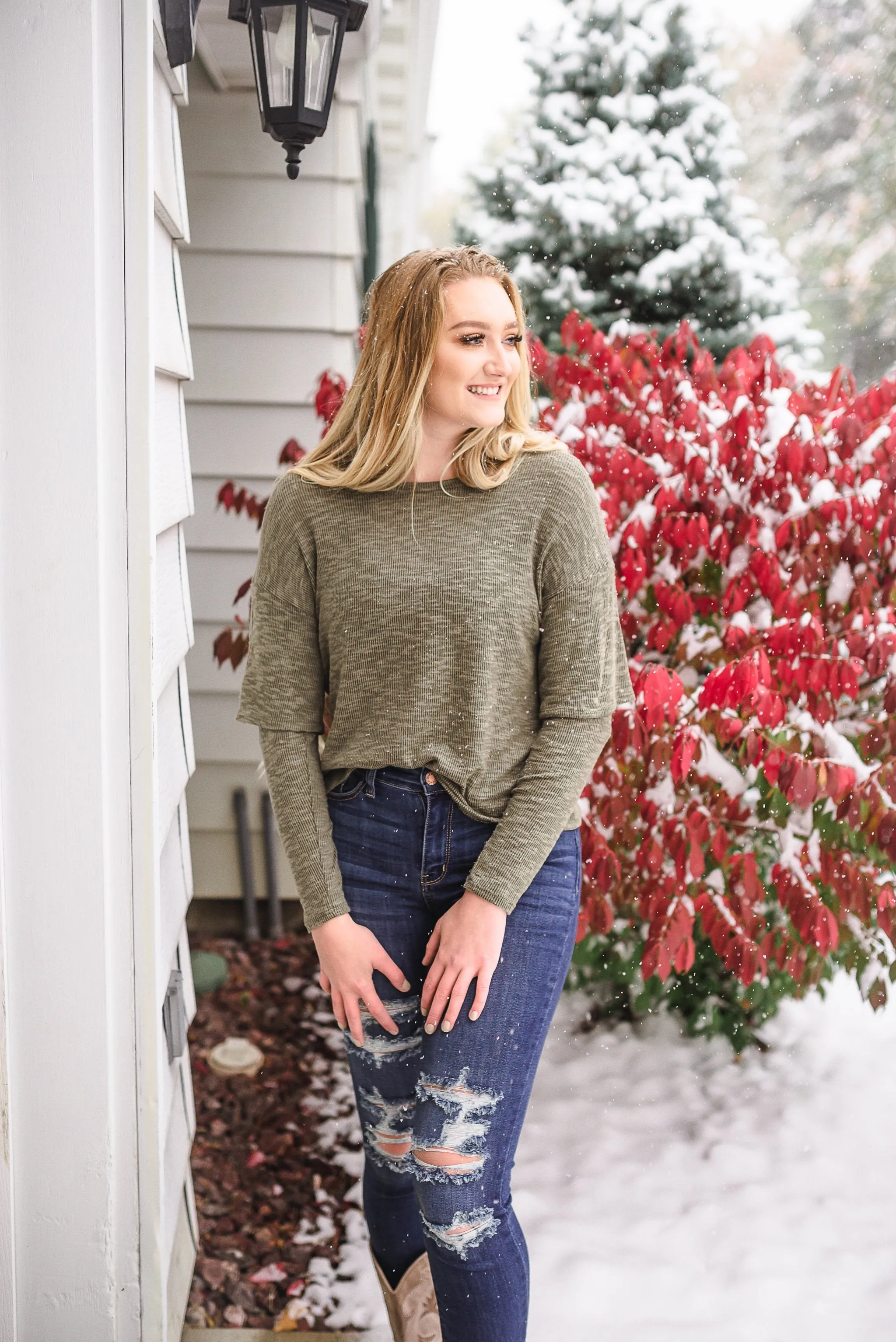 Double Vision Long Sleeve Top In Frosted Pine