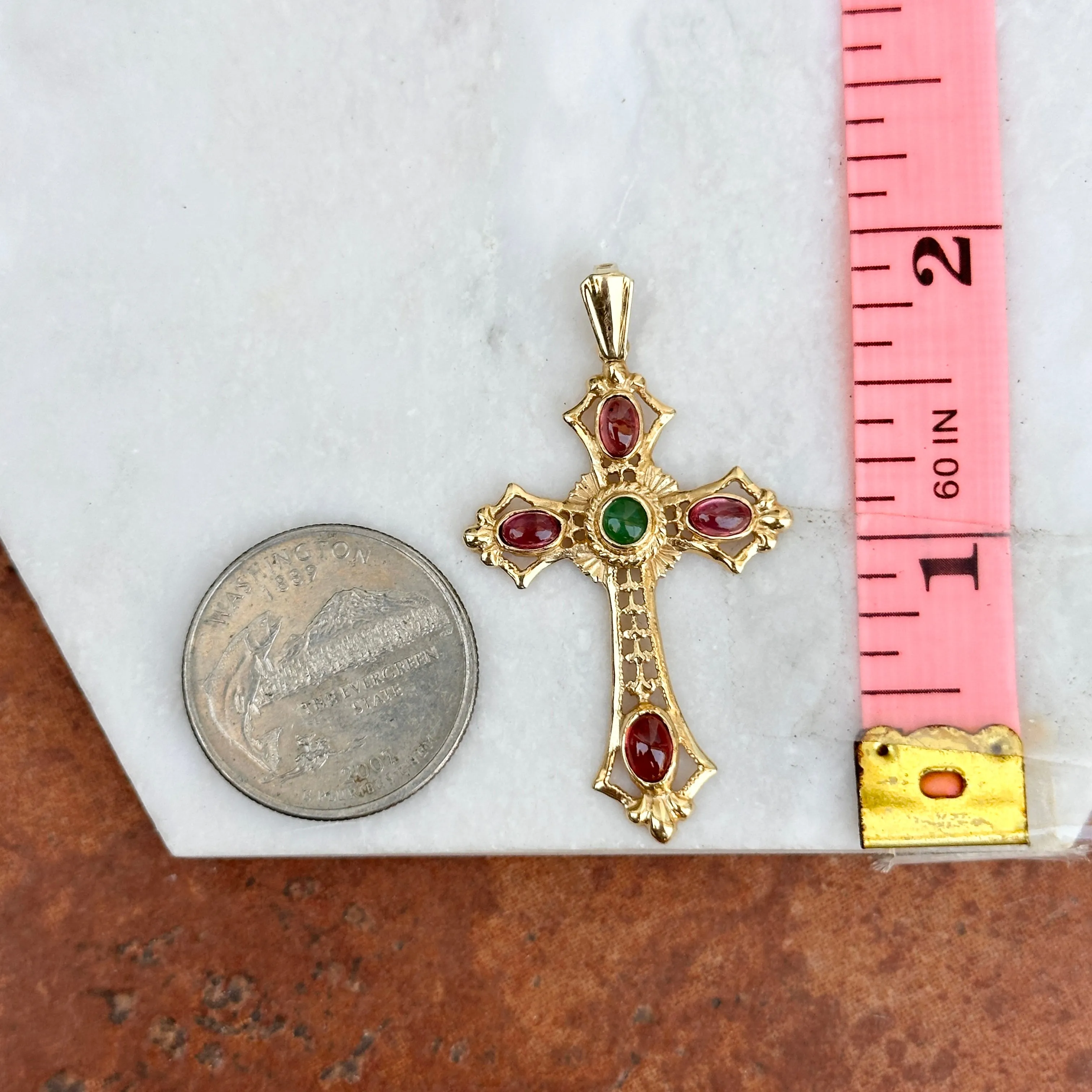 Estate 14KT Yellow Gold Byzantine Filigree Ruby   Emerald Cross Pendant