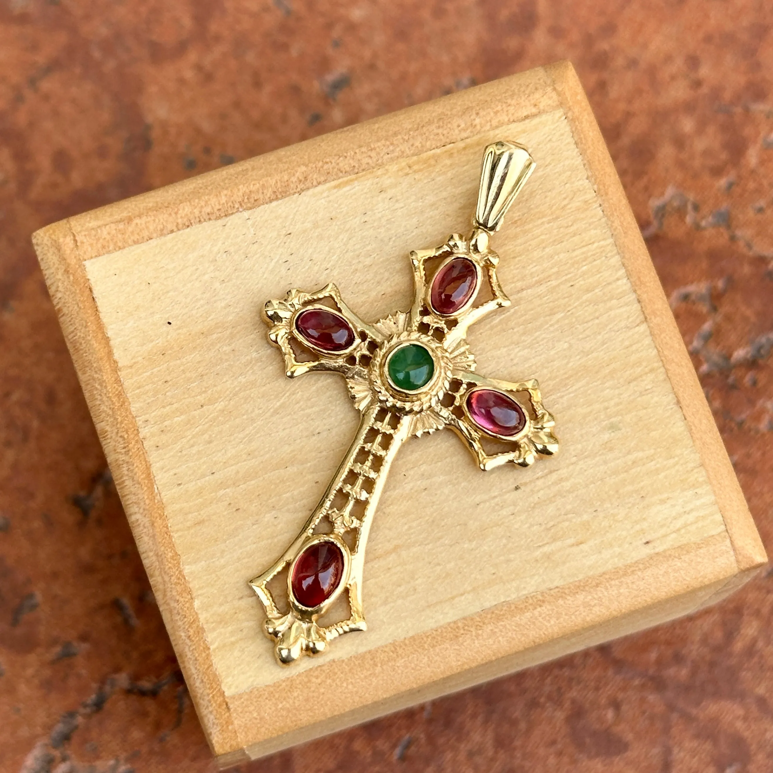 Estate 14KT Yellow Gold Byzantine Filigree Ruby   Emerald Cross Pendant