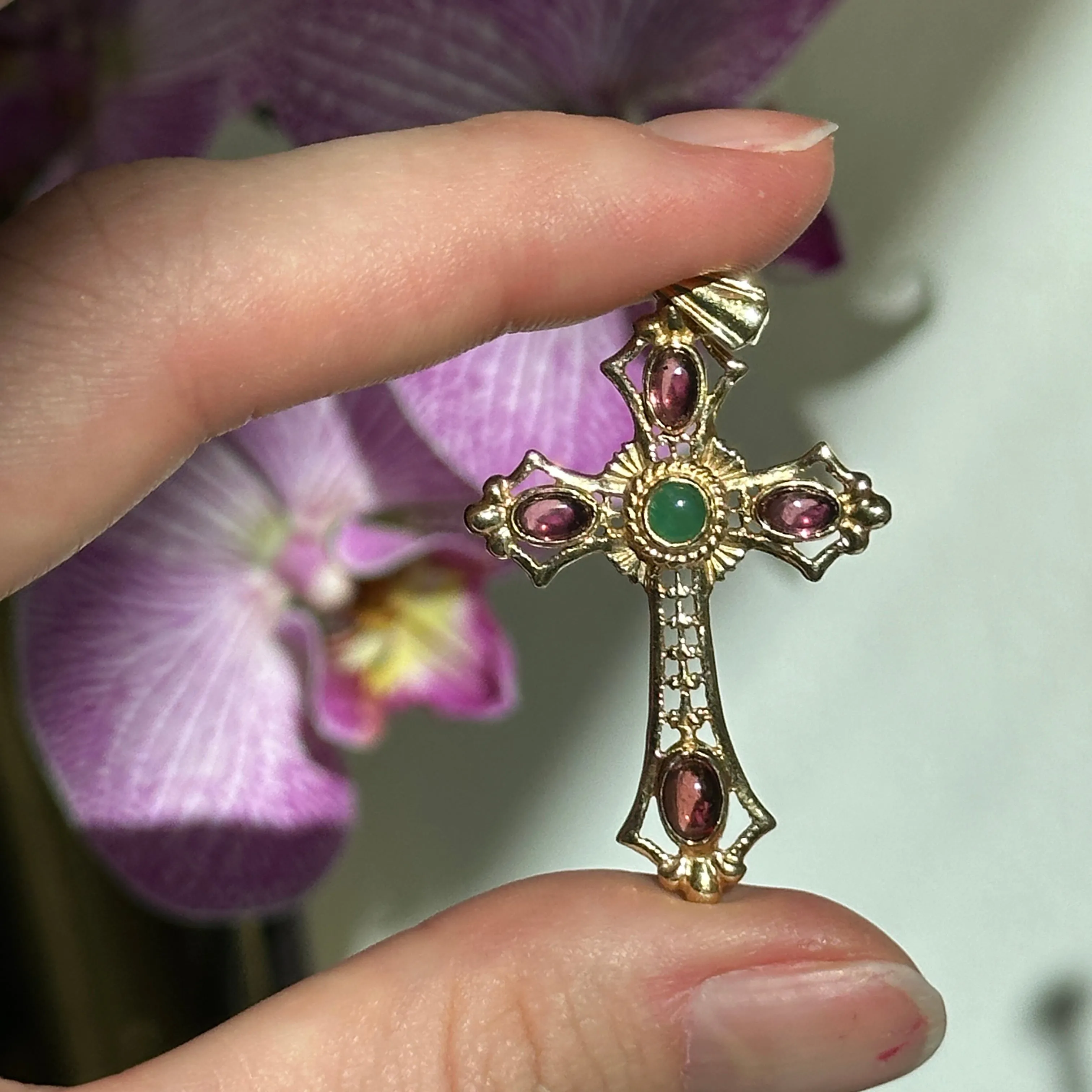 Estate 14KT Yellow Gold Byzantine Filigree Ruby   Emerald Cross Pendant