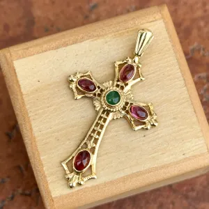 Estate 14KT Yellow Gold Byzantine Filigree Ruby   Emerald Cross Pendant