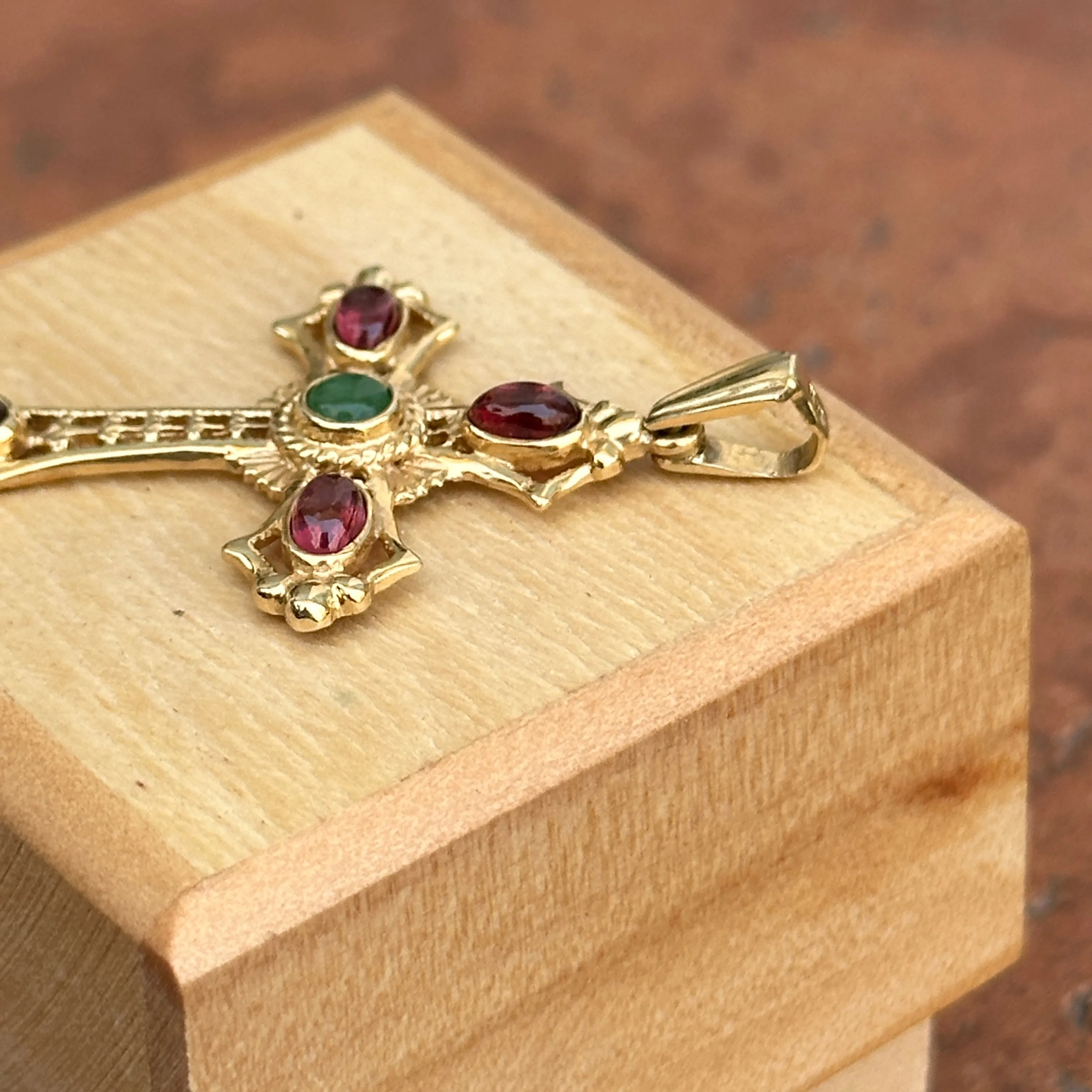 Estate 14KT Yellow Gold Byzantine Filigree Ruby   Emerald Cross Pendant