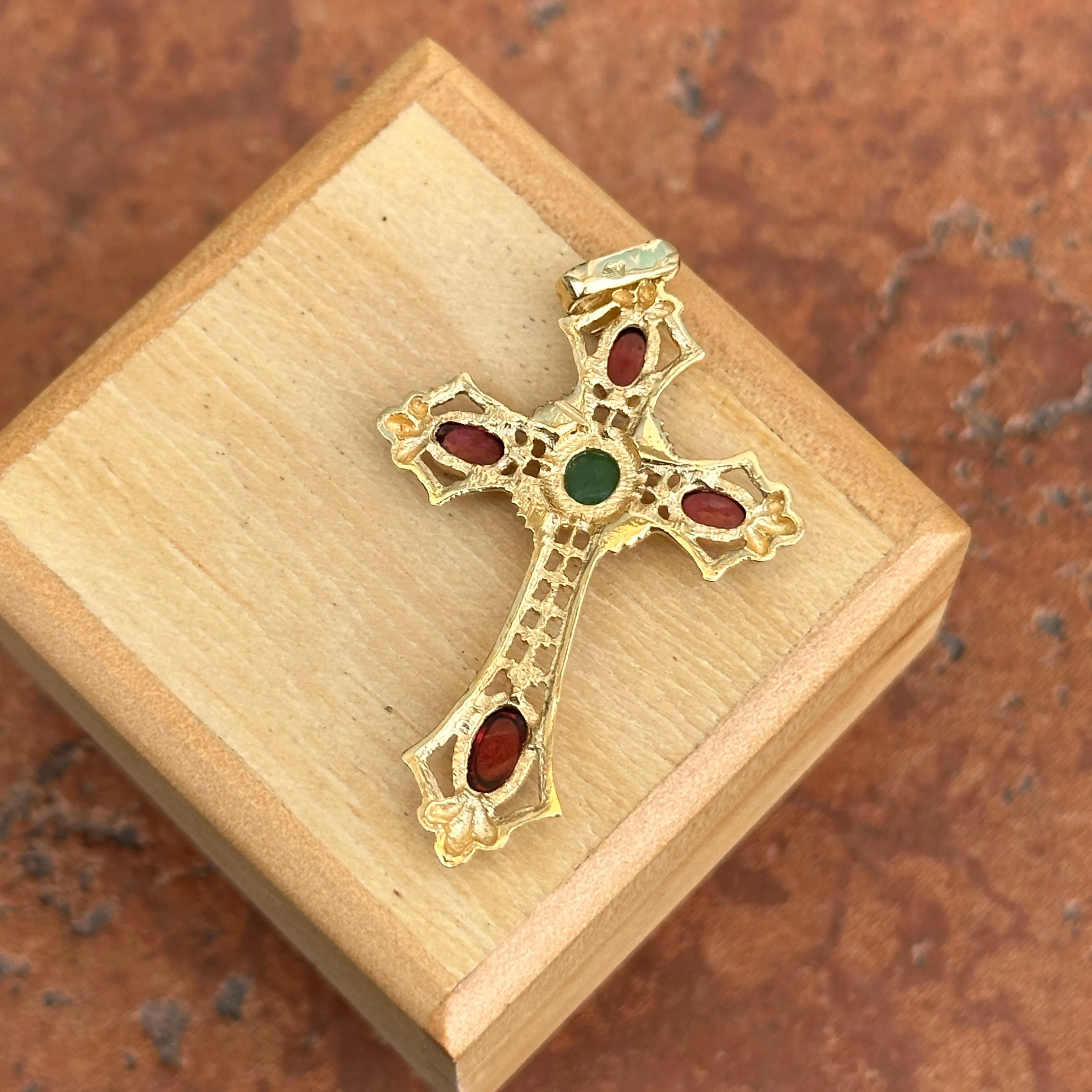 Estate 14KT Yellow Gold Byzantine Filigree Ruby   Emerald Cross Pendant