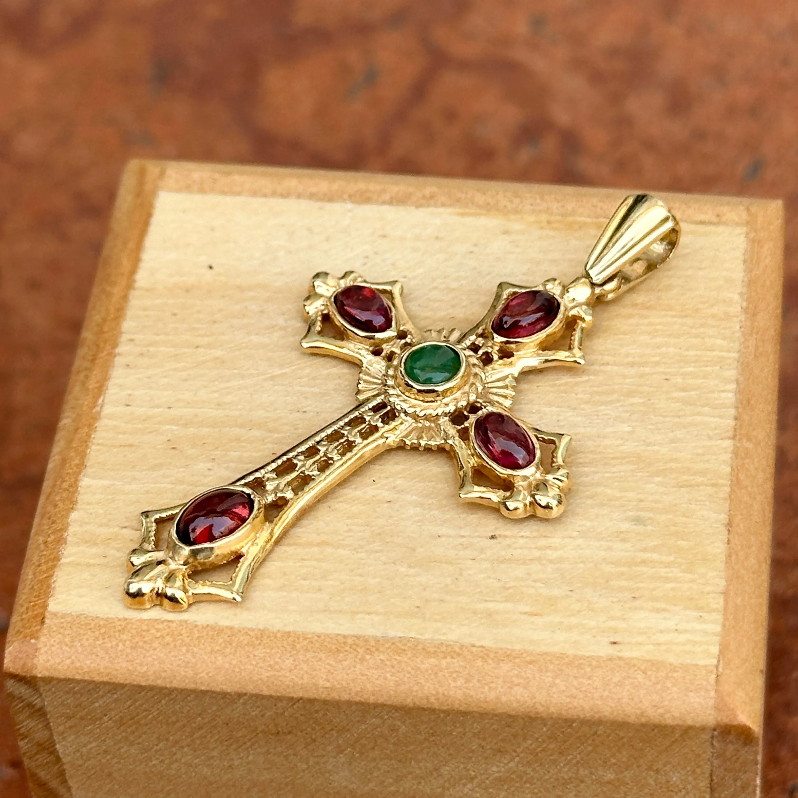 Estate 14KT Yellow Gold Byzantine Filigree Ruby   Emerald Cross Pendant
