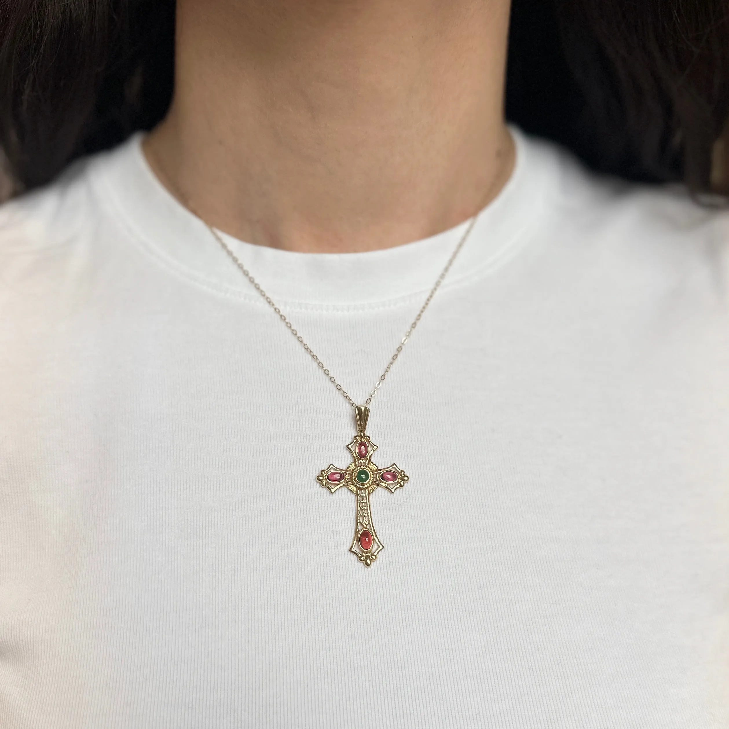 Estate 14KT Yellow Gold Byzantine Filigree Ruby   Emerald Cross Pendant