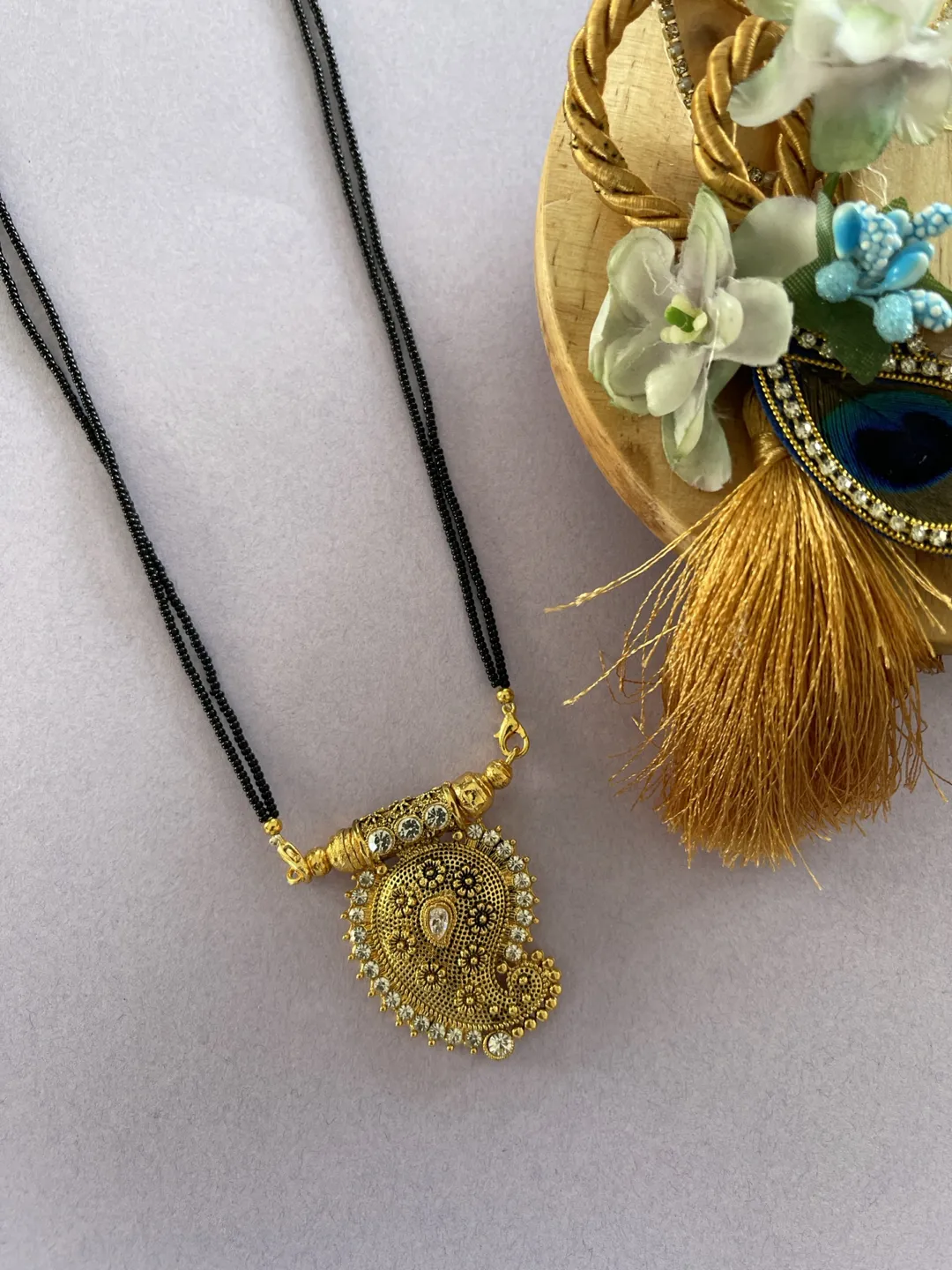 Fancy Long Mangalsutra Design Flower Pendant Traditional Simple Black Beads Chain