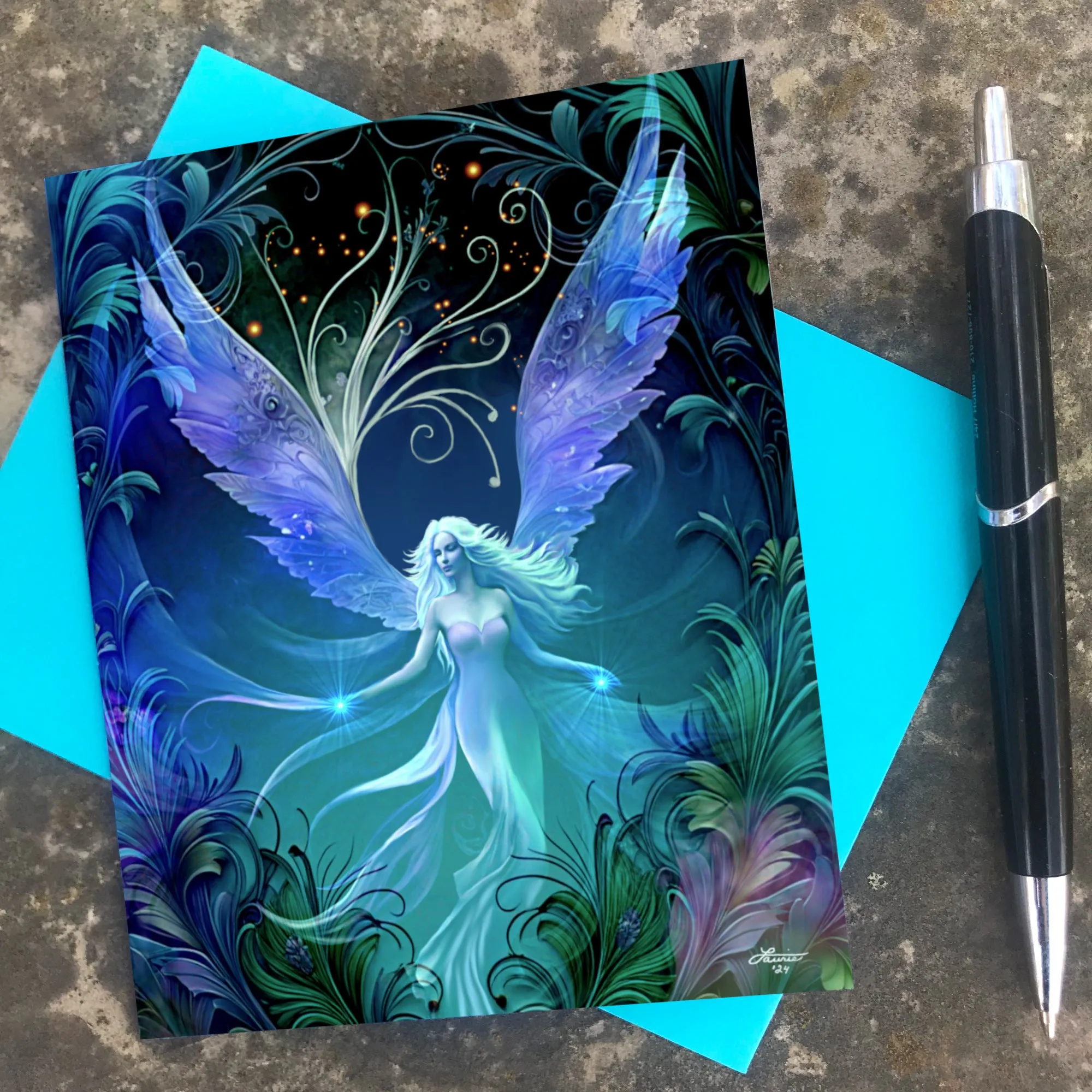 Fantasy Angel Art Greeting Card, Feathery Border Birthday Notecard-"Dream Weaver"