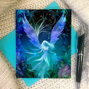 Fantasy Angel Art Greeting Card, Feathery Border Birthday Notecard-"Dream Weaver"