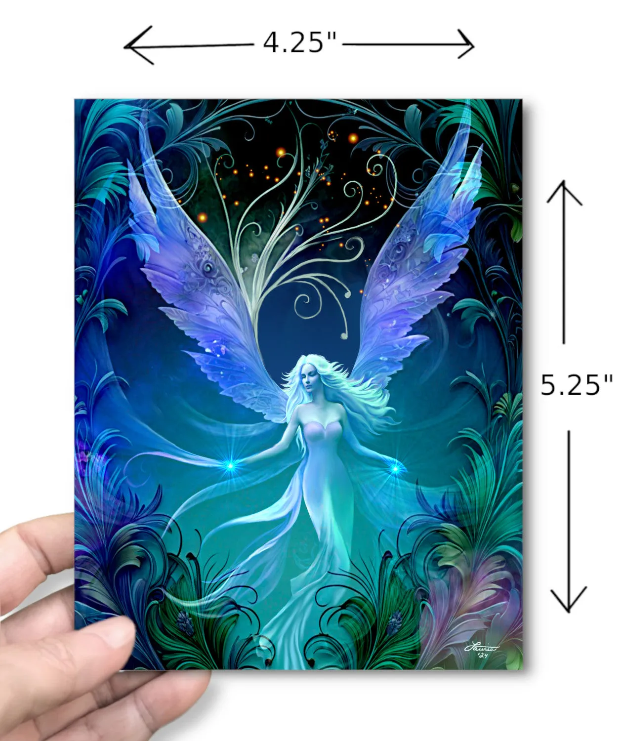 Fantasy Angel Art Greeting Card, Feathery Border Birthday Notecard-"Dream Weaver"