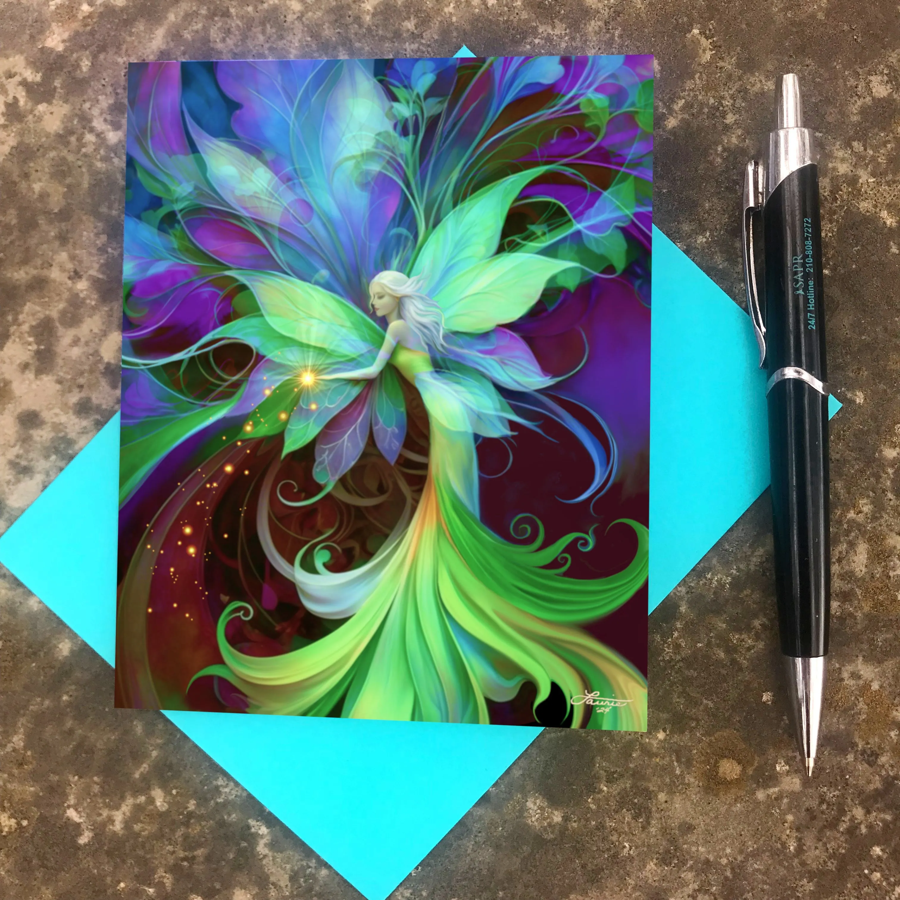 Fantasy Fairy Art Greeting Card, Flower Art Nouveau Birthday Notecard-"Flower Nymph"