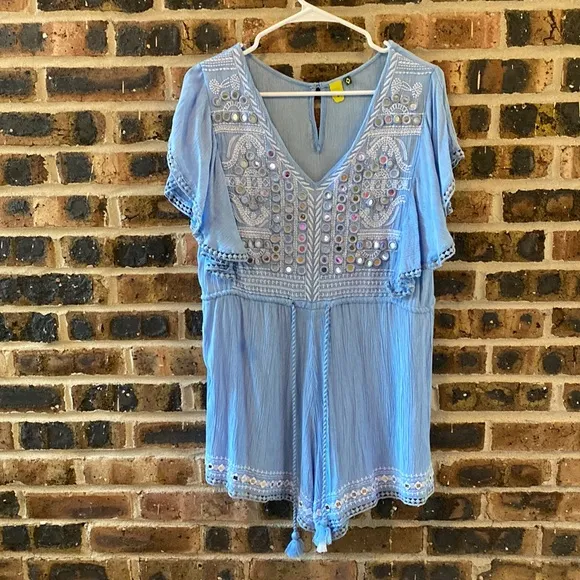 Farm Rio flutter sleeve romper, mirrored sequins, drawstring waist, W’s S