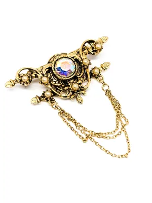 Festoon style pearl and aurora borealis rhinestone vintage brooch