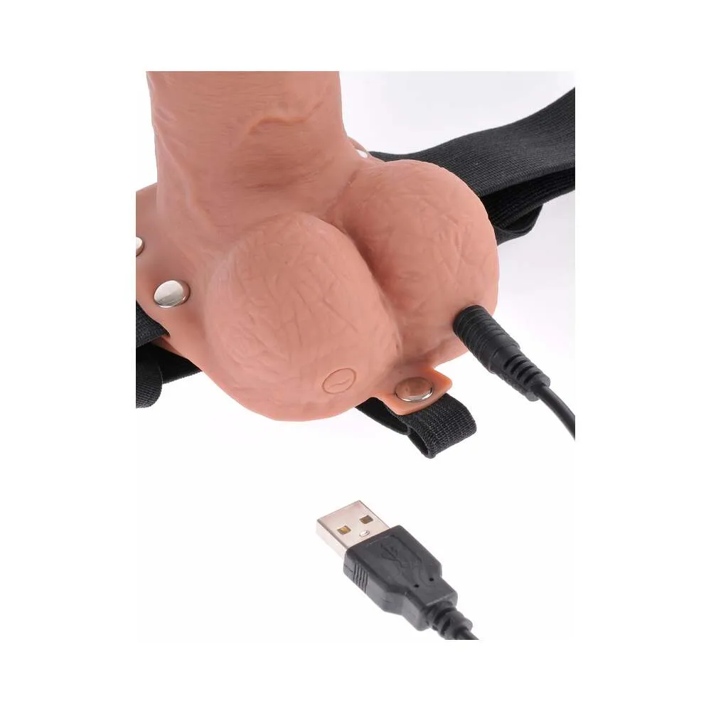 Fetish Fantasy Vibrating 7 Inch Hollow Dildo w/Balls & Strap-on Harness w/ Remote - Caramel
