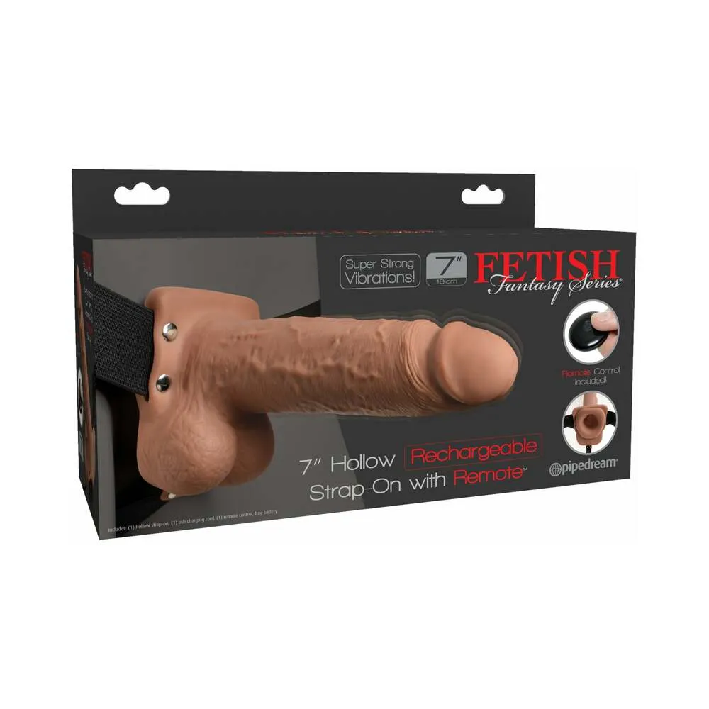 Fetish Fantasy Vibrating 7 Inch Hollow Dildo w/Balls & Strap-on Harness w/ Remote - Caramel