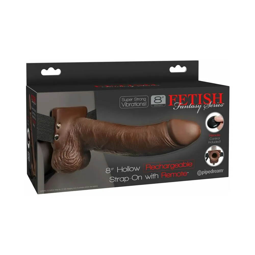 Fetish Fantasy Vibrating 8 Inch Hollow Dildo & Strap-on Harness w/ Remote - Chocolate