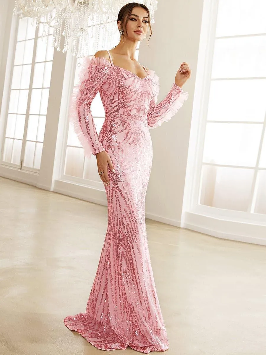 Formal Off The Shoulder Floor Length Sequin Pink Evening Dress XH2291