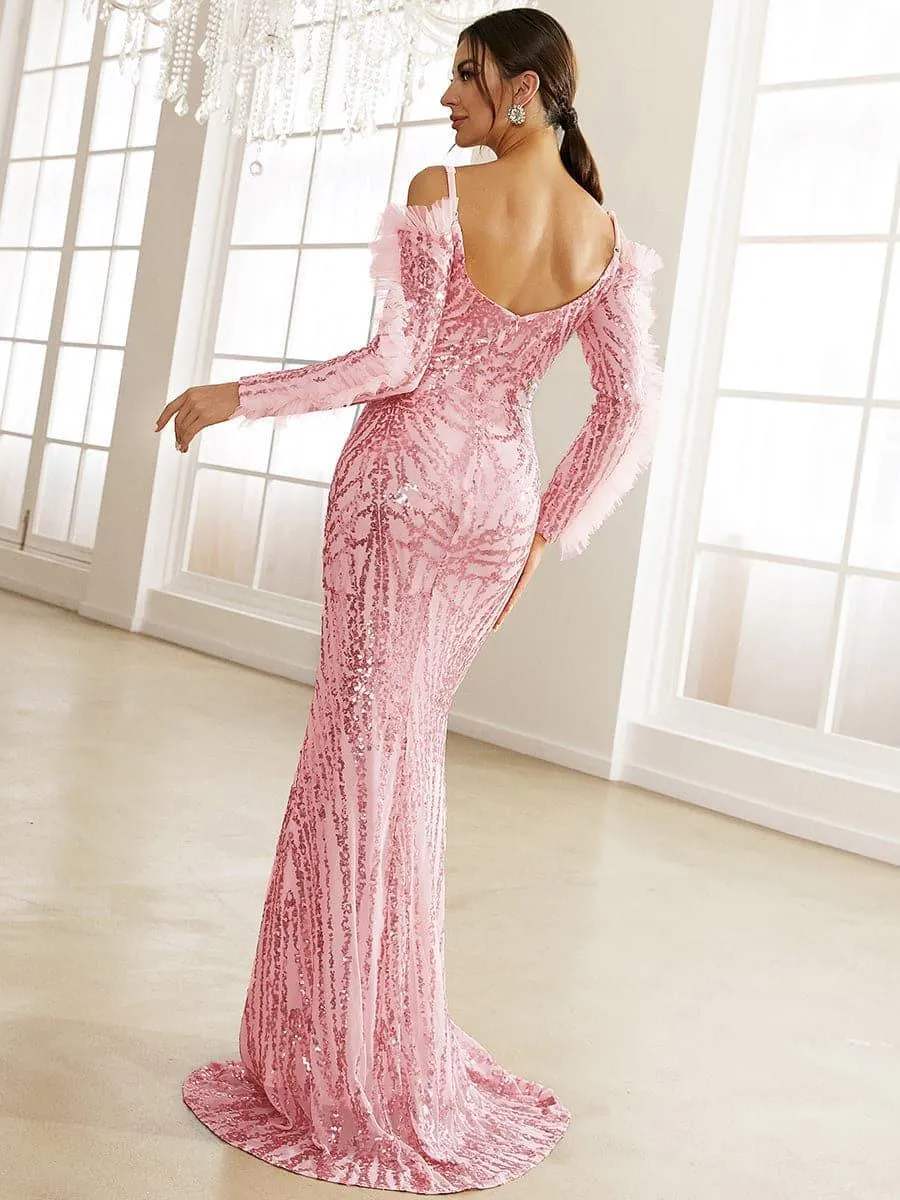 Formal Off The Shoulder Floor Length Sequin Pink Evening Dress XH2291