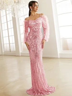 Formal Off The Shoulder Floor Length Sequin Pink Evening Dress XH2291