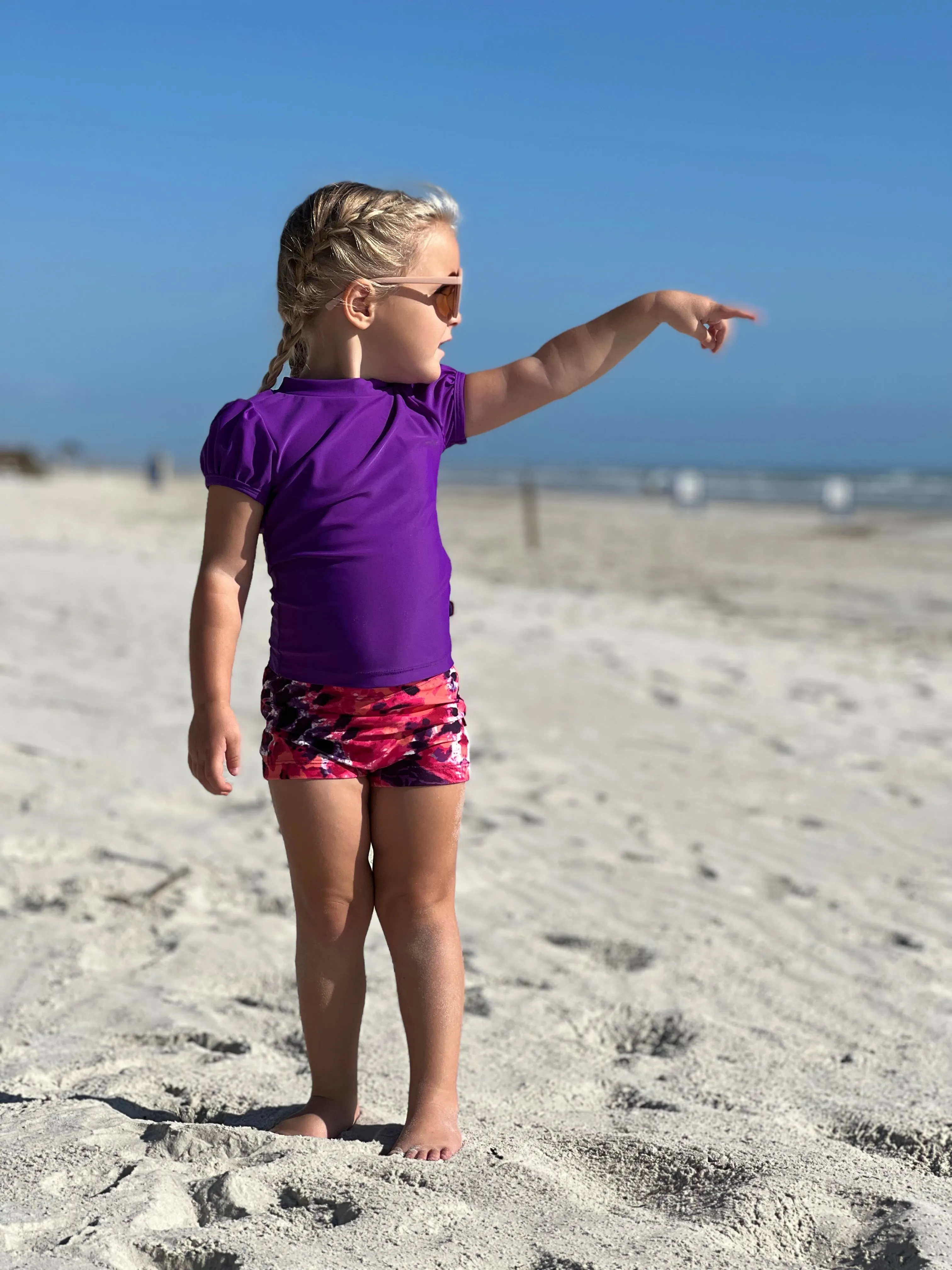 Girls UPF 50  Printed Swim Boy Shorts  | Plaid Diagonal