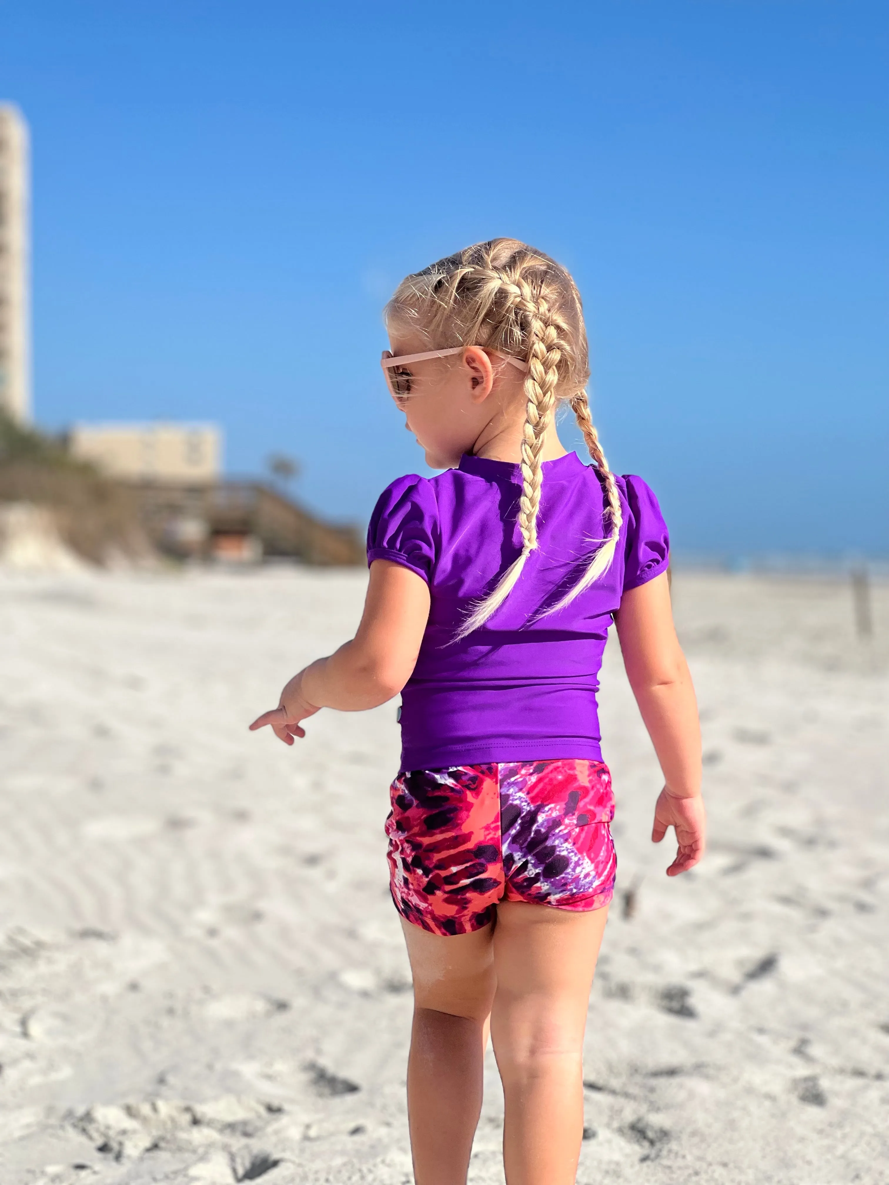Girls UPF 50  Printed Swim Boy Shorts  | Plaid Diagonal