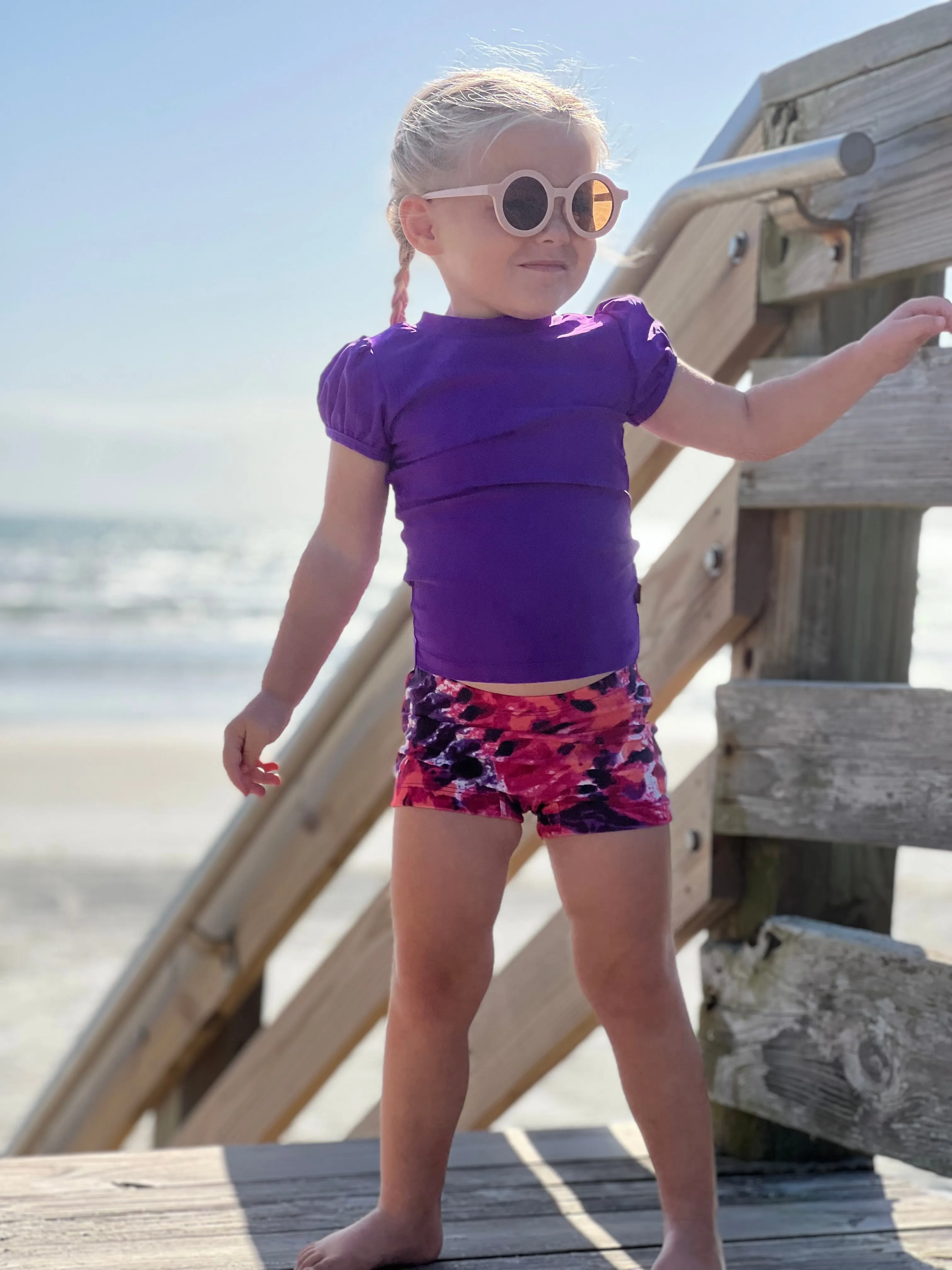 Girls UPF 50  Printed Swim Boy Shorts  | Plaid Diagonal