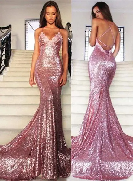 Glamorous Sequins V-Neck Prom Dresses 2016 Mermaid Spaghetti Straps Party Gowns-318867