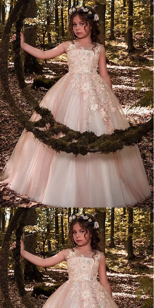 Glamorous Tulle Scoop Floor-length Lace Appliques Older Flower Girl Dresses With Flowers & Beadings,FGY0161