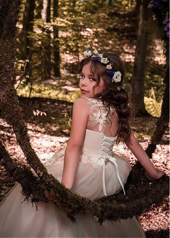 Glamorous Tulle Scoop Floor-length Lace Appliques Older Flower Girl Dresses With Flowers & Beadings,FGY0161