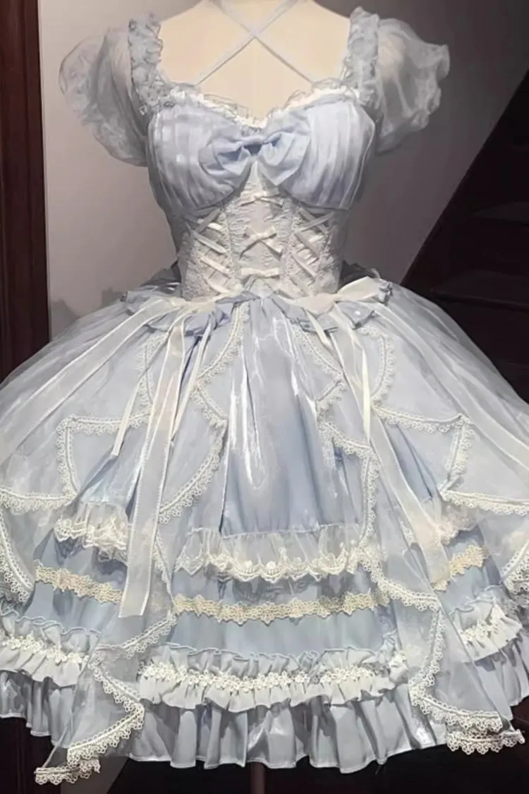 Glaze Fantasy Short Sleeves Ruffle Embroidery Bowknot Sweet Lolita Op Dress 6 Colors