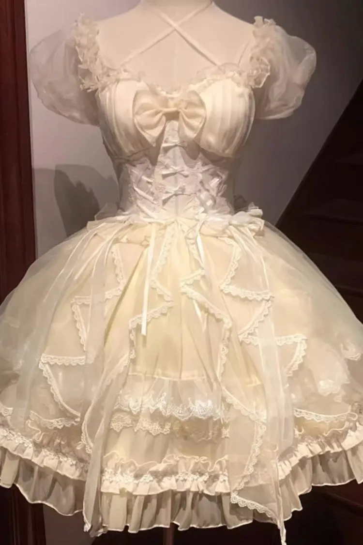 Glaze Fantasy Short Sleeves Ruffle Embroidery Bowknot Sweet Lolita Op Dress 6 Colors