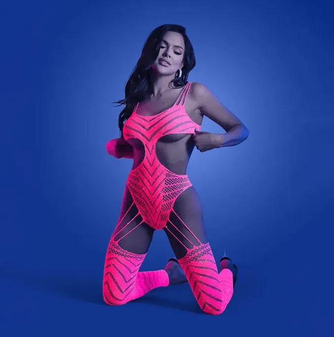 Glow Warelength Cut-Out Rhinestone Teddy Bodystocking - Dark Pink - OS
