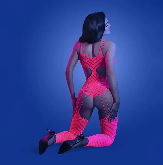 Glow Warelength Cut-Out Rhinestone Teddy Bodystocking - Dark Pink - OS