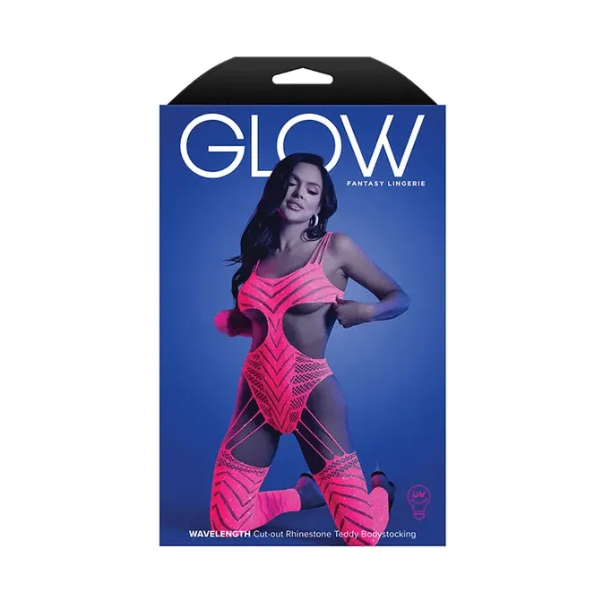 Glow Warelength Cut-Out Rhinestone Teddy Bodystocking - Dark Pink - OS