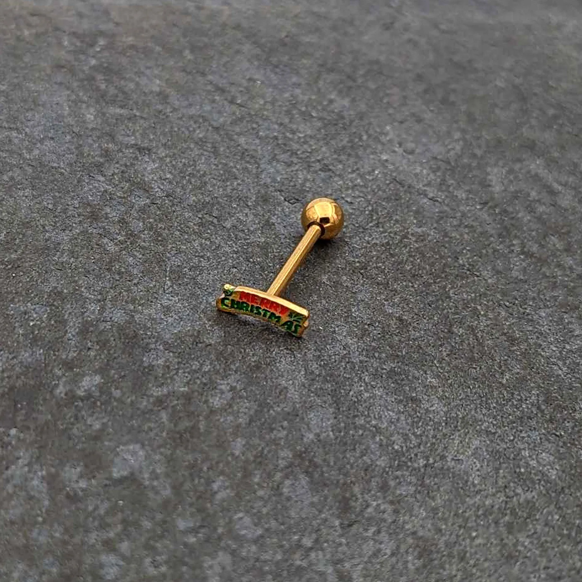 Gold Tone Merry Christmas Inlaid Red Green Barbell Tongue Ring