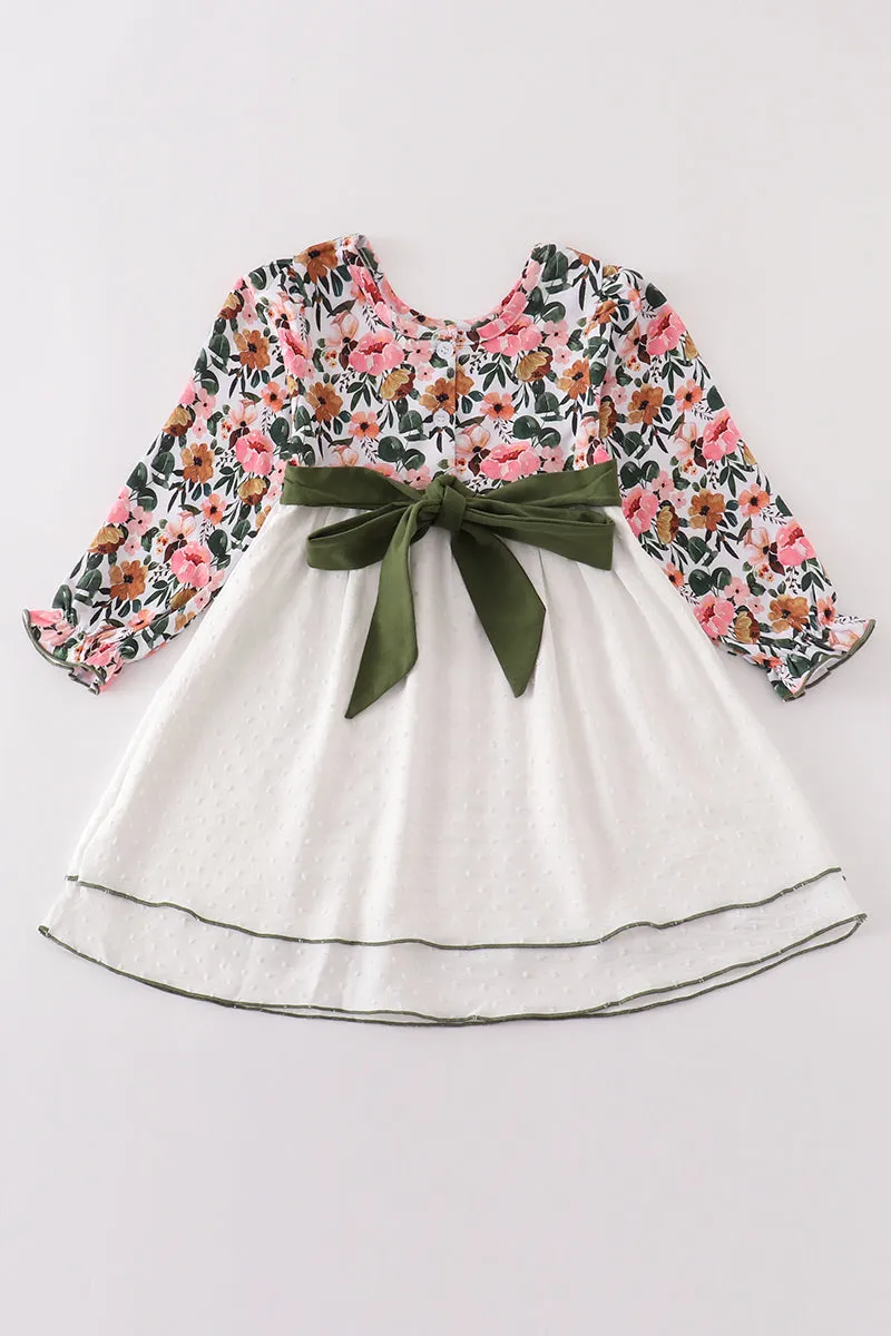 Green Floral Print Swiss Dot Dress