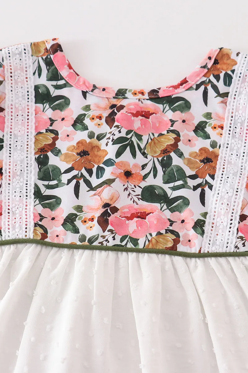 Green Floral Print Swiss Dot Dress