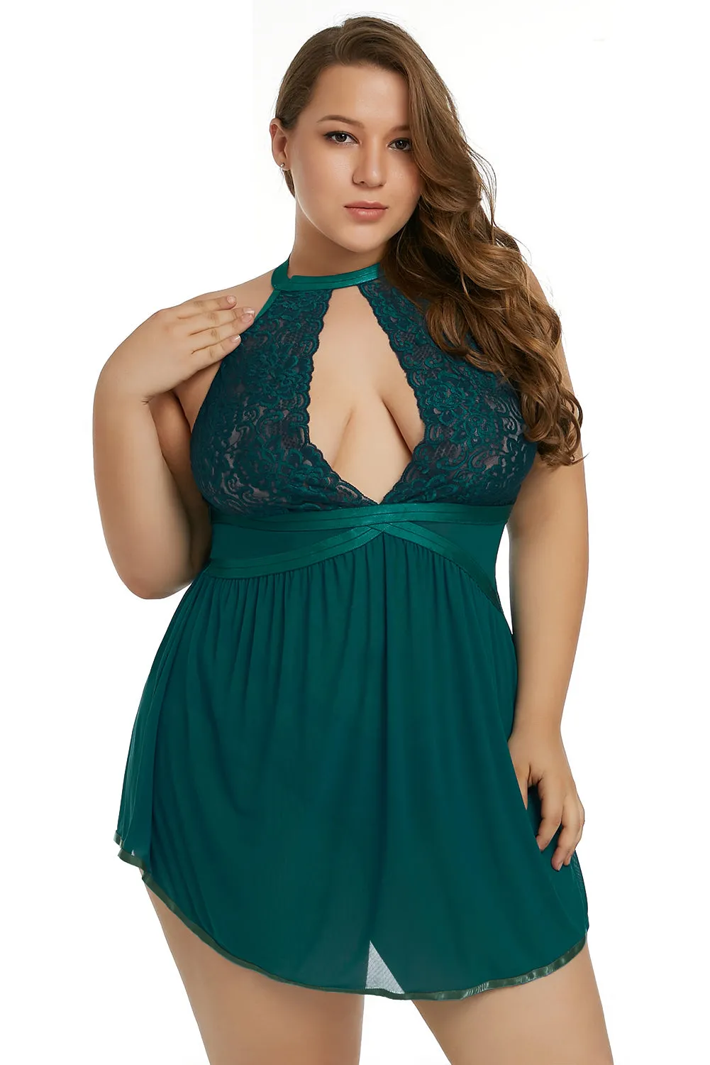 Green Plus Size Sheer Fantasy Babydoll Set