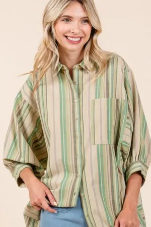 Green Striped Bubble Sleeve Button Down Shirt